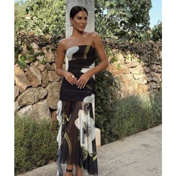 ZARA Strapless Midi Dress Floral Print Tulle Ruched Y2k Style Maxi Blogger Fav - Picture 12 of 15